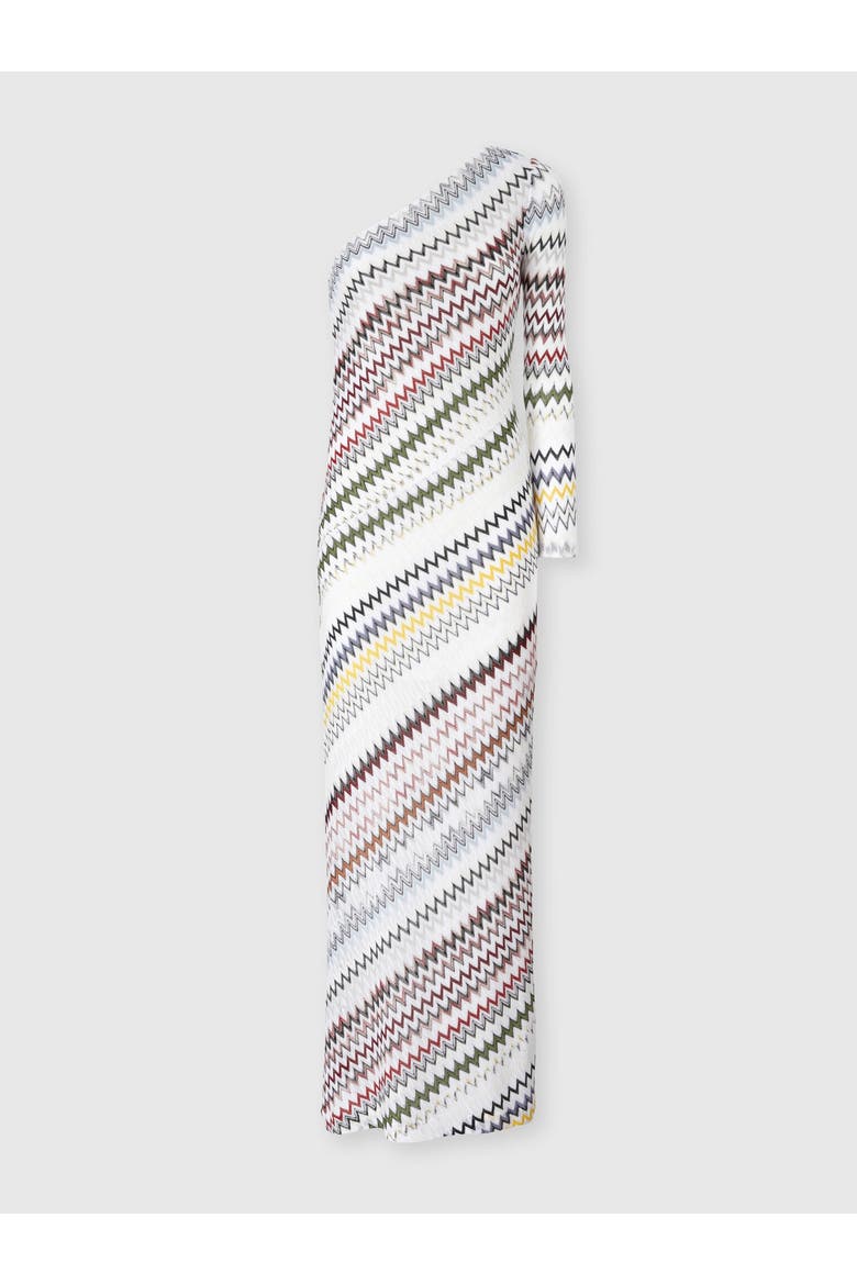 One-shoulder Long Dress In Viscose And Cotton, Alternate, color, Multicoloured