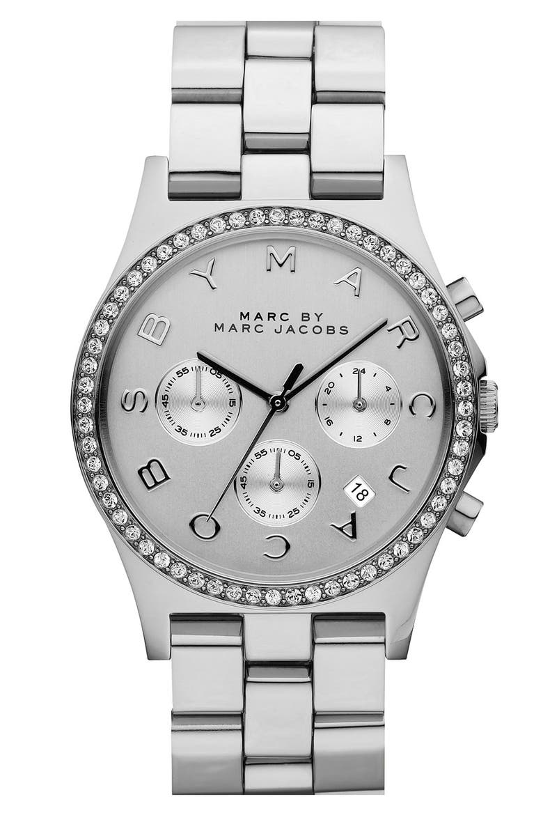 'Henry' Chronograph & Crystal Topring Watch, 40mm, Main, color, SILVER