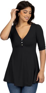 24seven Comfort Apparel Short Sleeve Tunic Top with Button Detail