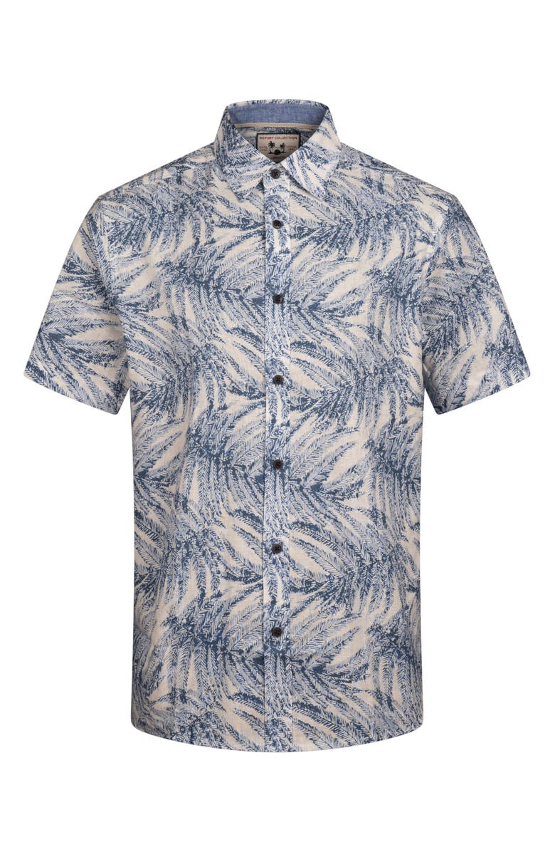 Report Collection Tropical Print Short Sleeve Linen & Cotton Button-Up Shirt, Alternate, color, Blue