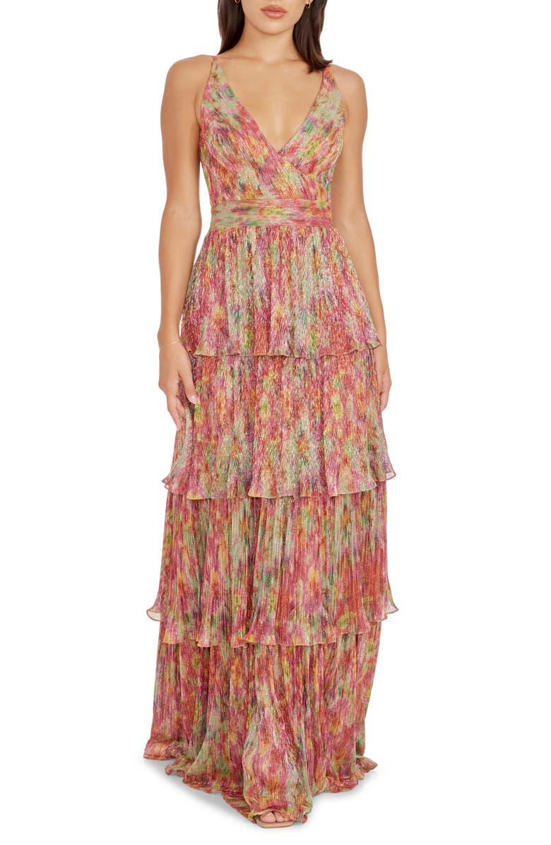 Dress the Population Lorain Abstract Print Metallic Tiered Gown, Main, color, Bright Fuchsia Multi