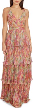 Dress the Population Lorain Abstract Print Metallic Tiered Gown