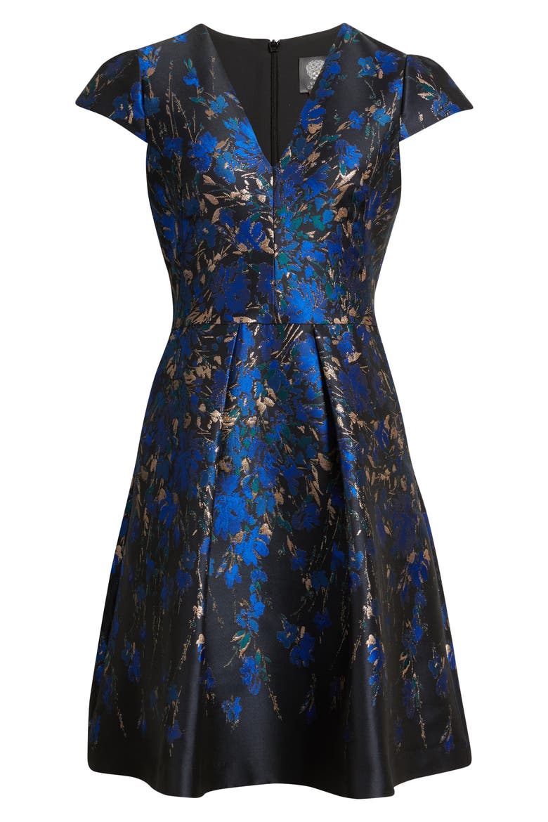 Metallic Floral Jacquard Fit & Flare Dress, Alternate, color, SAPPHIRE