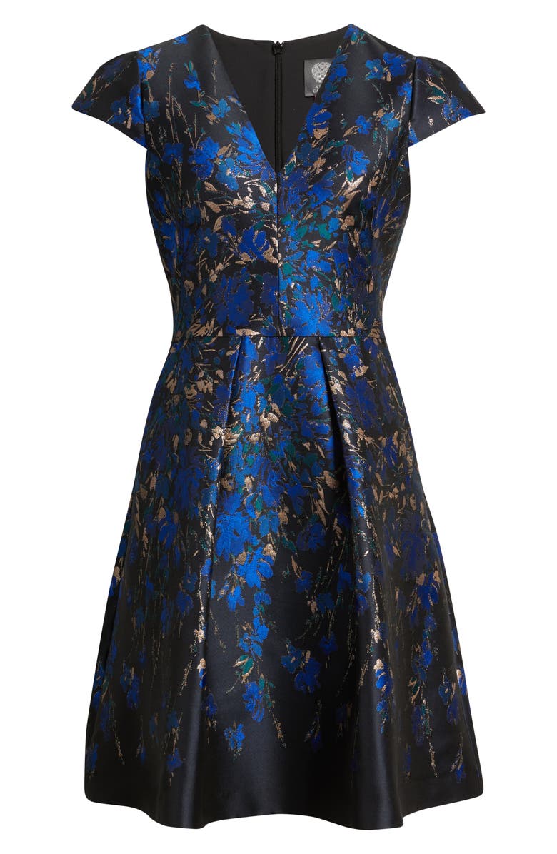 Vince Camuto Metallic Floral Jacquard Fit & Flare Dress, Alternate, color, Sapphire