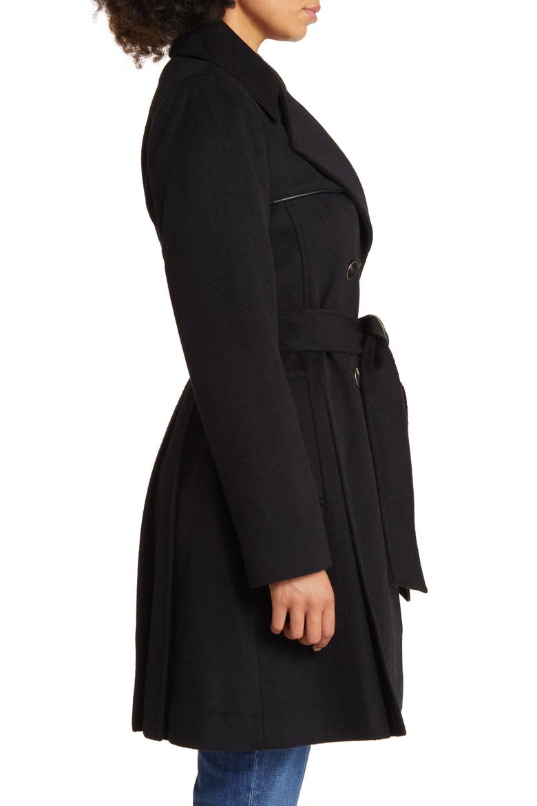 Belted Faux Leather Trim Wool Blend Coat, Alternate, color, BLACK