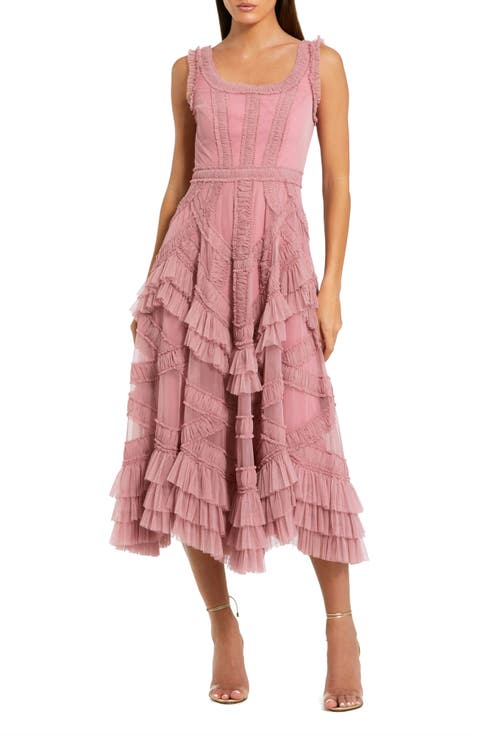 Women's Scoop Neck Sleeveless Mesh Micro Ruffle Midi Dress