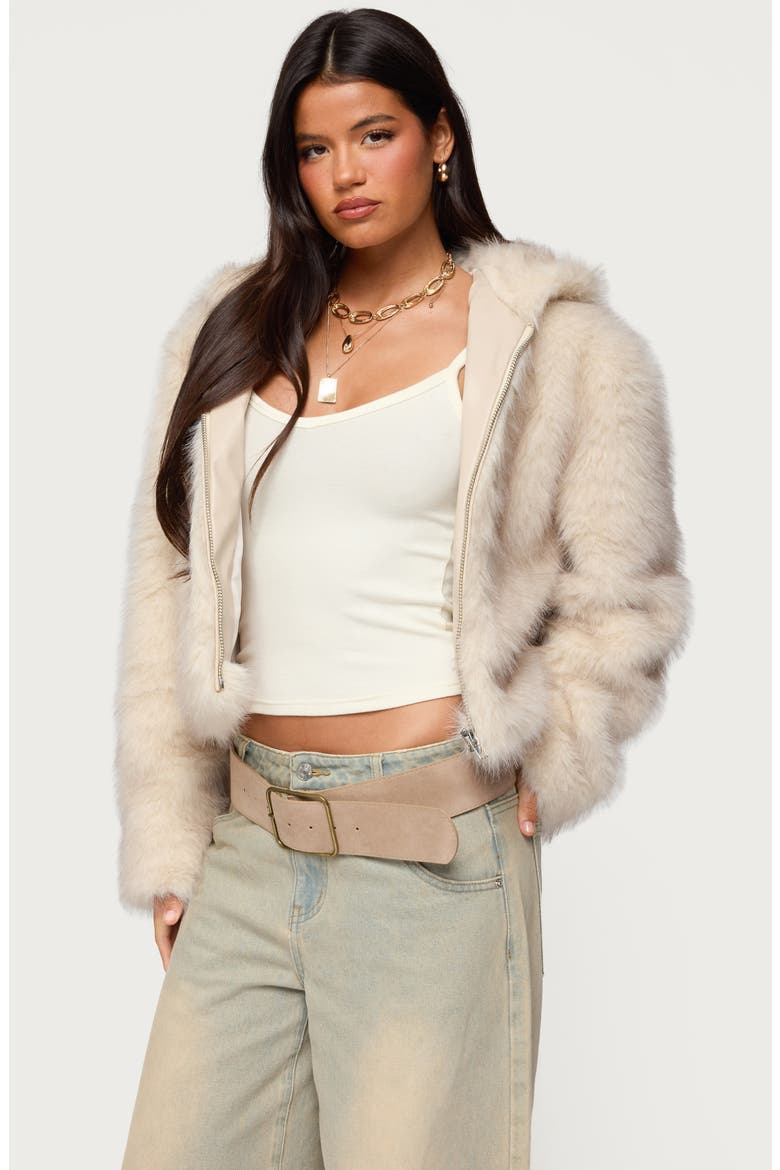 Beyonca Faux Fur Hooded Crop Jacket, Alternate, color, BEIGE