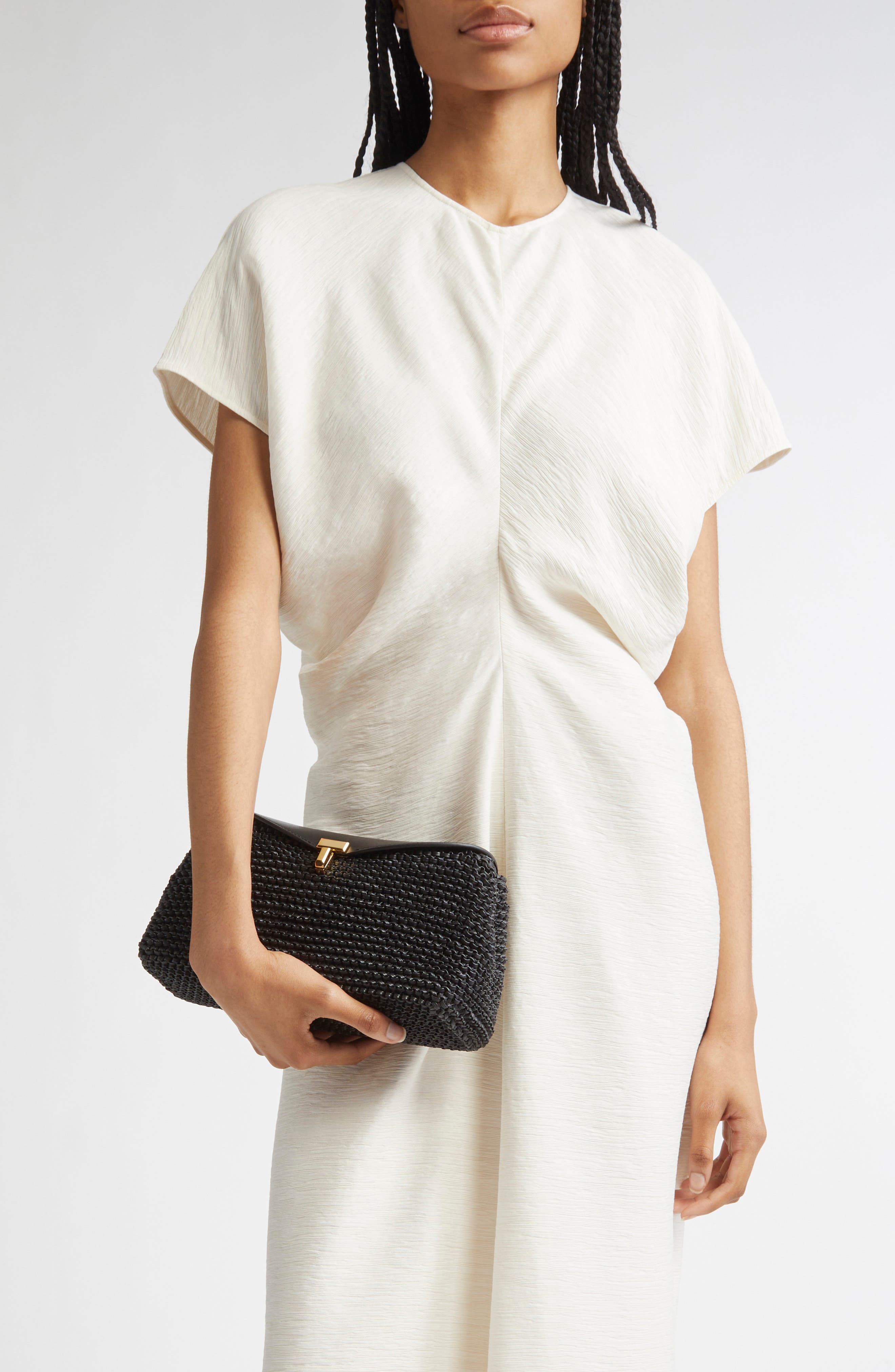 TOTEME T-Lock Top Handle Woven Leather Clutch, Alternate, color, Black