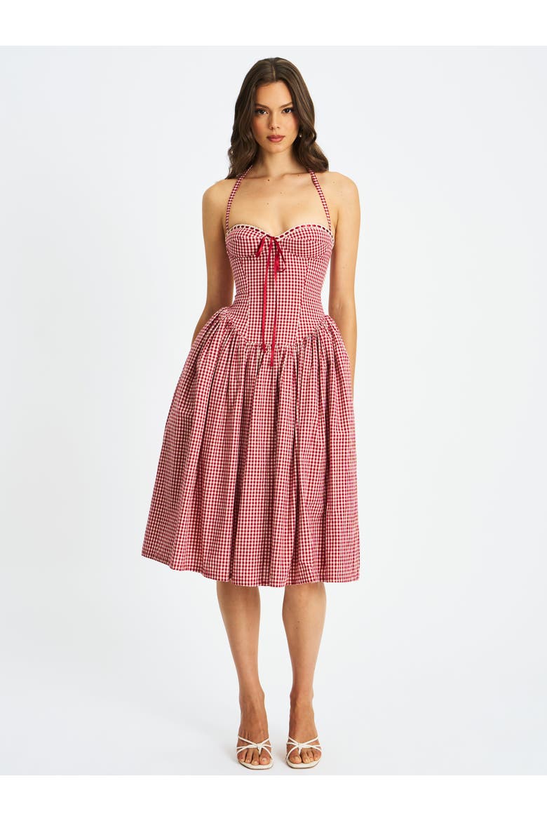 Susanna Gingham Halter Drop Waist Midi Dress, Alternate, color, Red and white cotton gingham