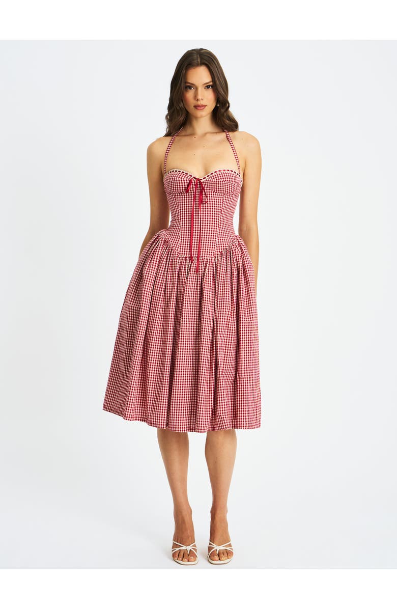 Miss Circle Susanna Gingham Halter Drop Waist Midi Dress, Alternate, color, Red And White Cotton Gingham