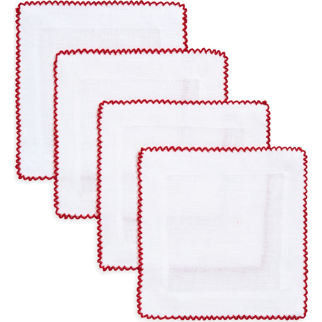 Tina Chen Designs Picot Edge Set Of 4 Linen Cocktail Napkins In Red