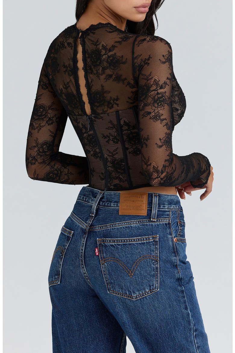Zoe Long Sleeve Lace Crop Corset Top, Alternate, color, BLACK
