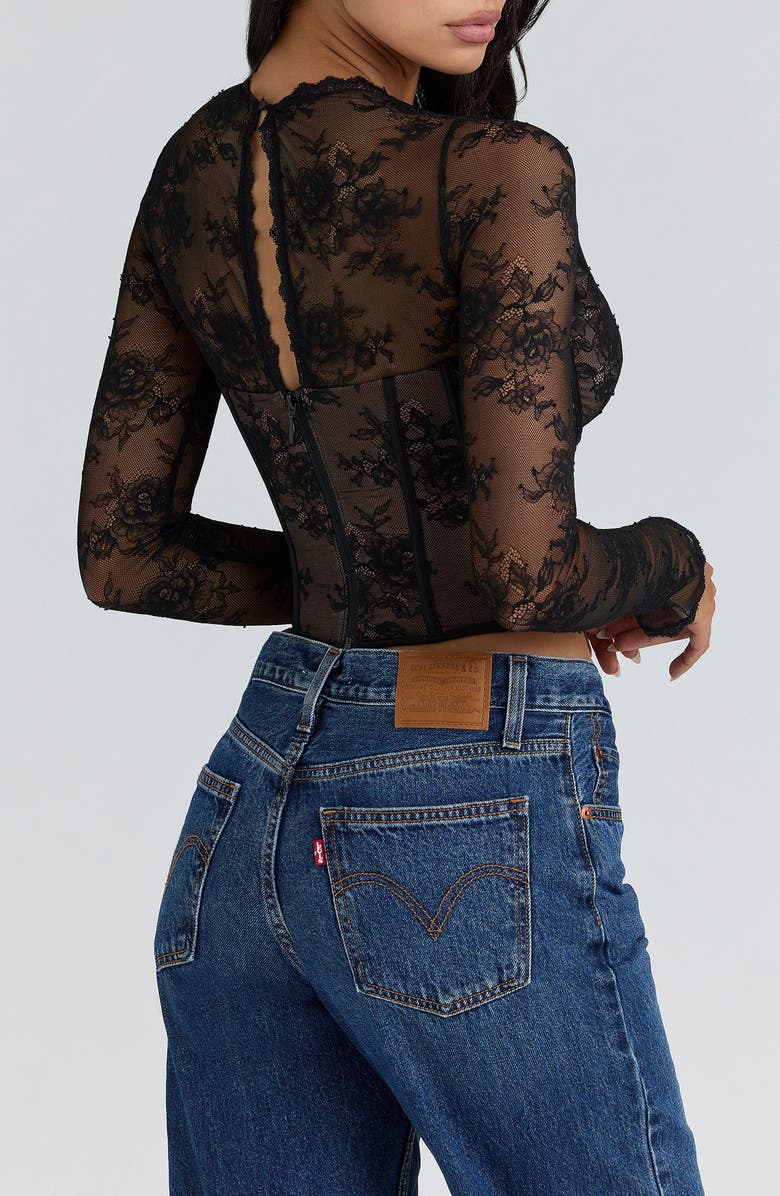 HOUSE OF CB Zoe Long Sleeve Lace Crop Corset Top, Alternate, color, Black