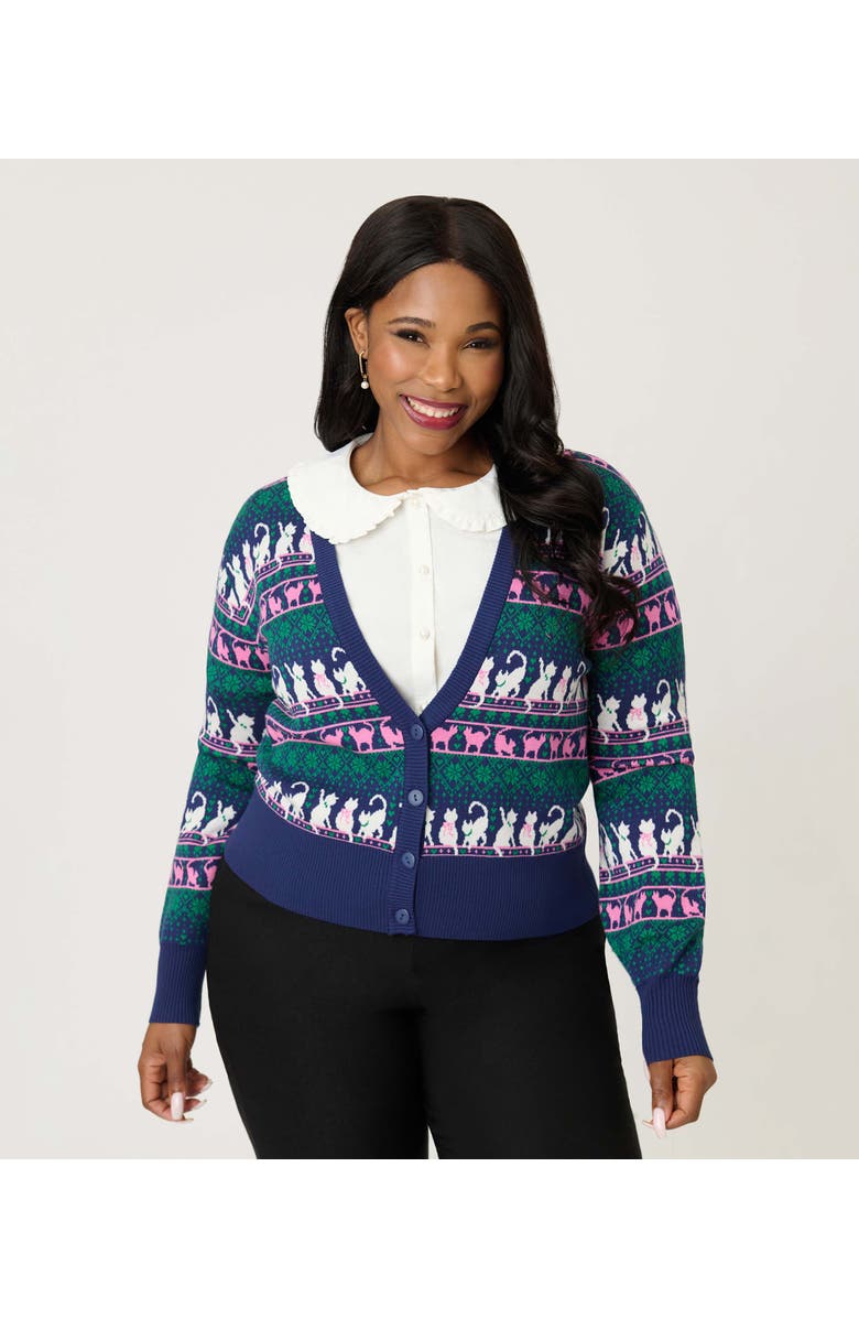 Unique Vintage Plus Size Cropped Knit Cardigan, Main, color, Navy Cat Print