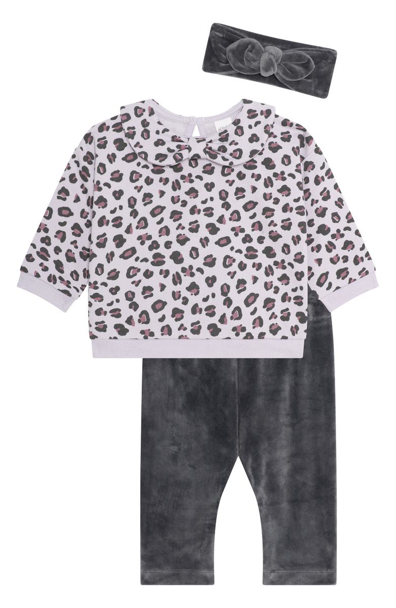 PL Baby by Petit Lem Peter Pan Collar Top, Velour Leggings & Headband Set, Main, color, Leopard