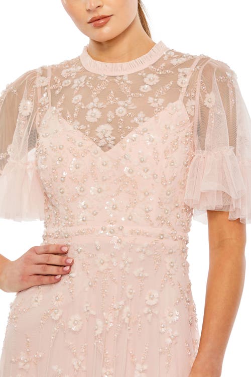 Mac Duggal Floral Embellished Flutter Sleeve A Line Gown In Peach