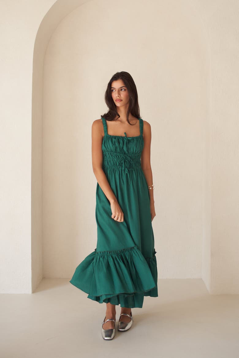 Amara Ruched Midi Linen Dress, Alternate, color, Emerald