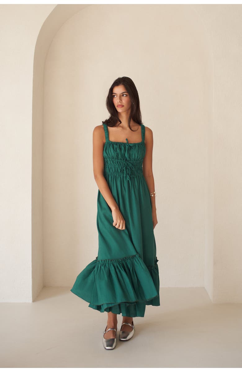 Vasiliki Amara Ruched Midi Linen Dress, Alternate, color, Emerald