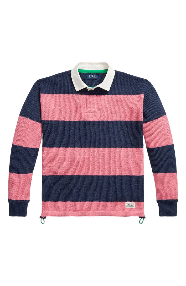 Polo Ralph Lauren Stripe Linen & Cotton Rugby Sweater, Alternate, color, Navy Pink Combo