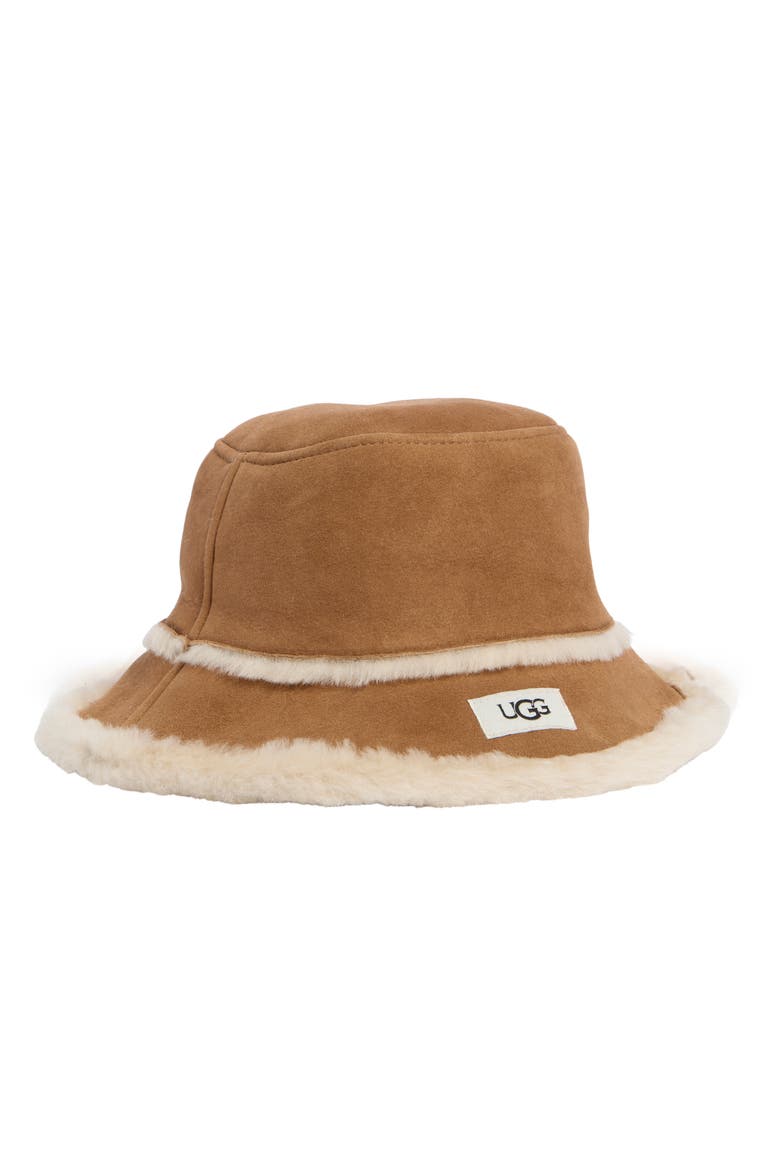 Sheepskin Genuine Shearling Trimmed Bucket Hat, Main, color, CHESTNUT