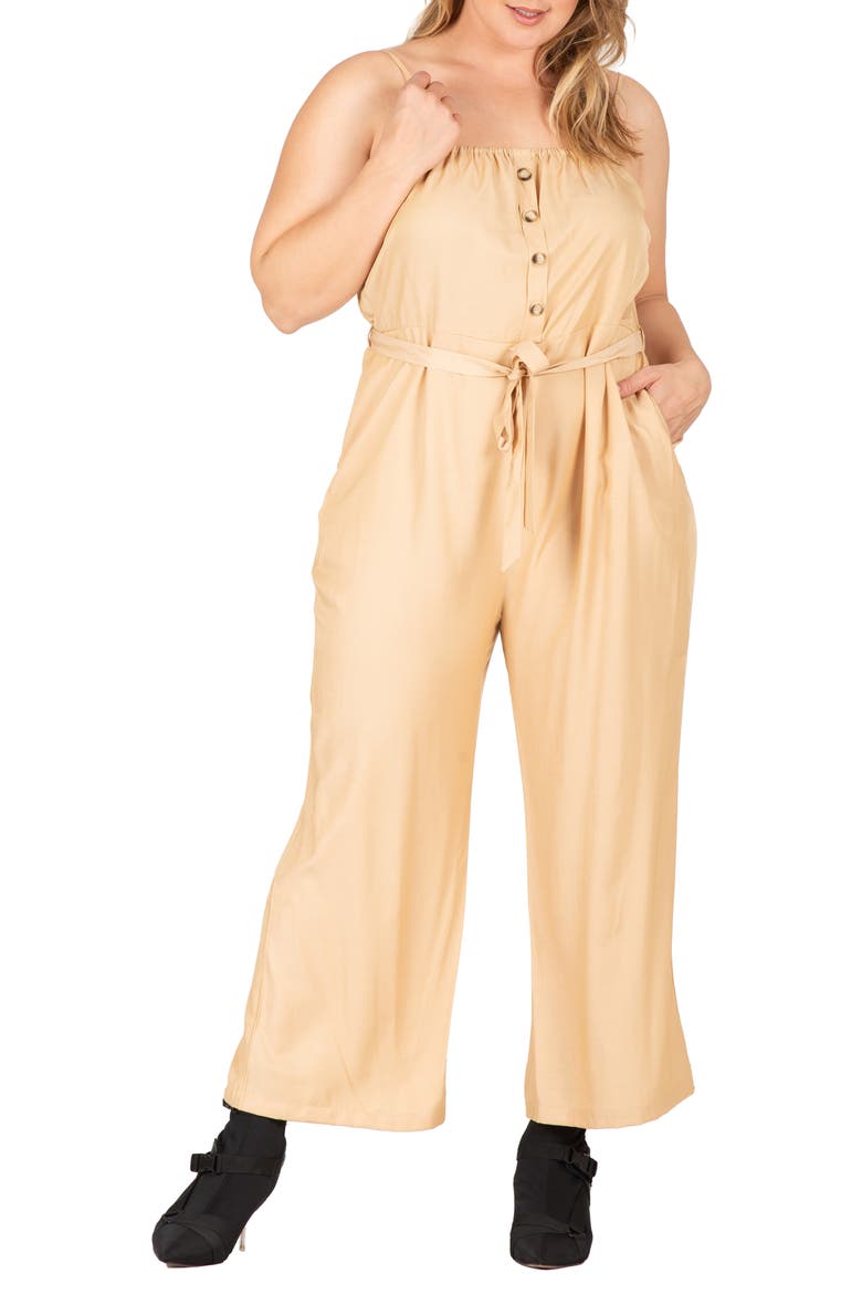 Tie Waist Sleeveless Wide Leg Jumpsuit, Alternate, color, KHAKI
