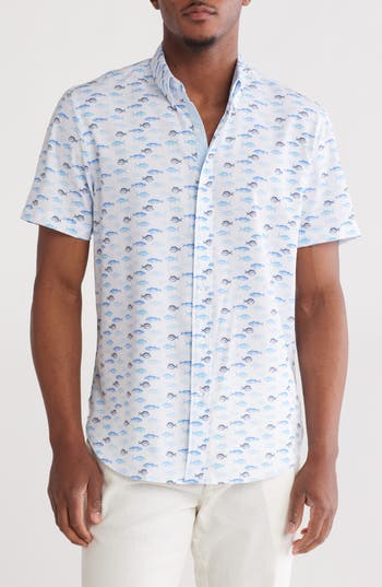 Construct Fish Print Short Sleeve Stretch Button-down Shirt In White