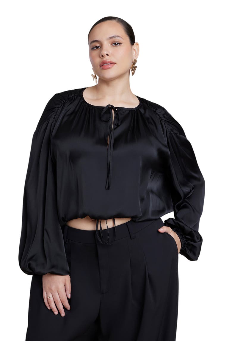 Satin Drawstring Peasant Blouse, Main, color, BLACK ONYX