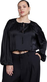 ELOQUII Satin Drawstring Peasant Blouse