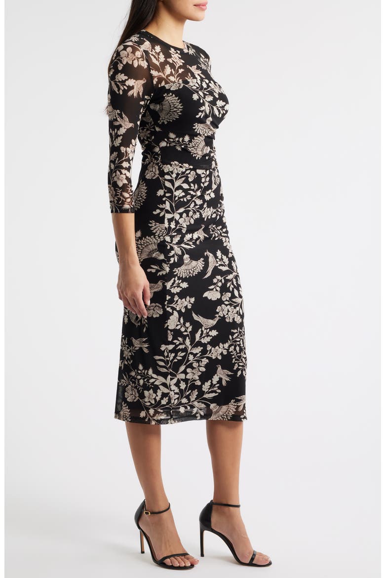 Floral Side Ruched Mesh Midi Dress, Alternate, color, ANNE BLACK MULTI