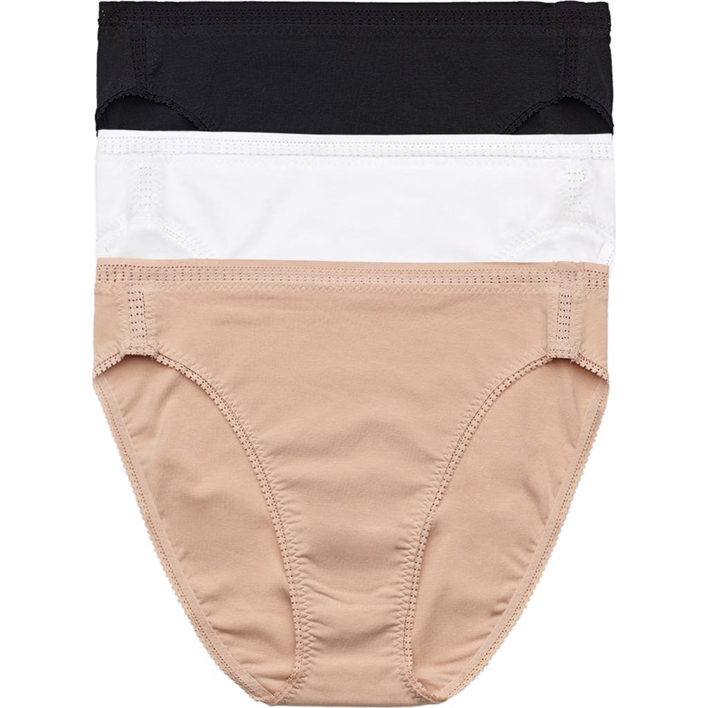 On Gossamer Cabana Cotton Assorted 3-pack High Cut Briefs In Black/white/champagne