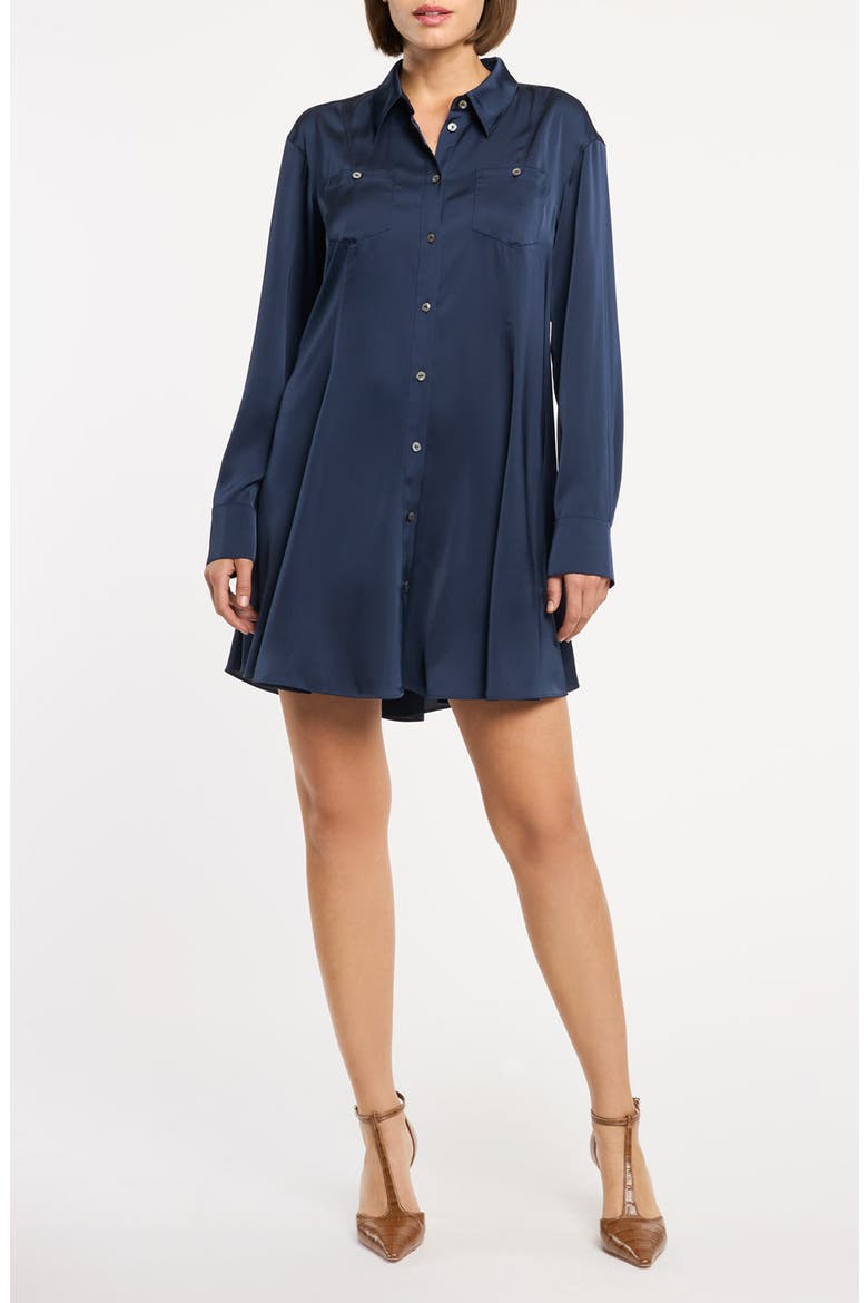Belden Long Sleeve Satin Mini Shirtdress, Main, color, NAVY