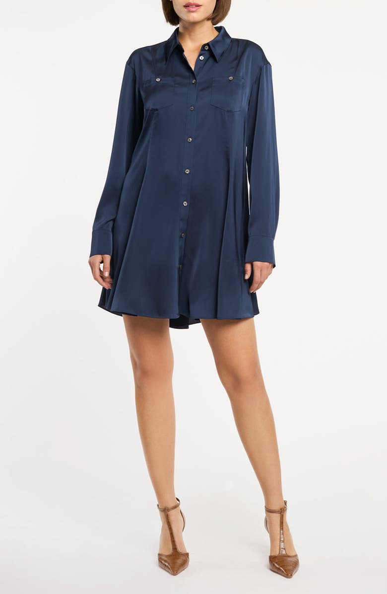 Cinq à Sept Belden Long Sleeve Satin Mini Shirtdress, Main, color, Navy
