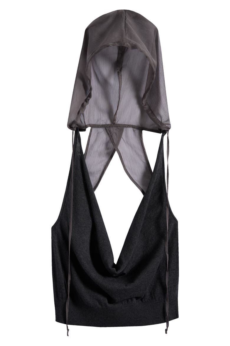 Plunge Neck Knit Chiffon Hooded Top, Alternate, color, GREY
