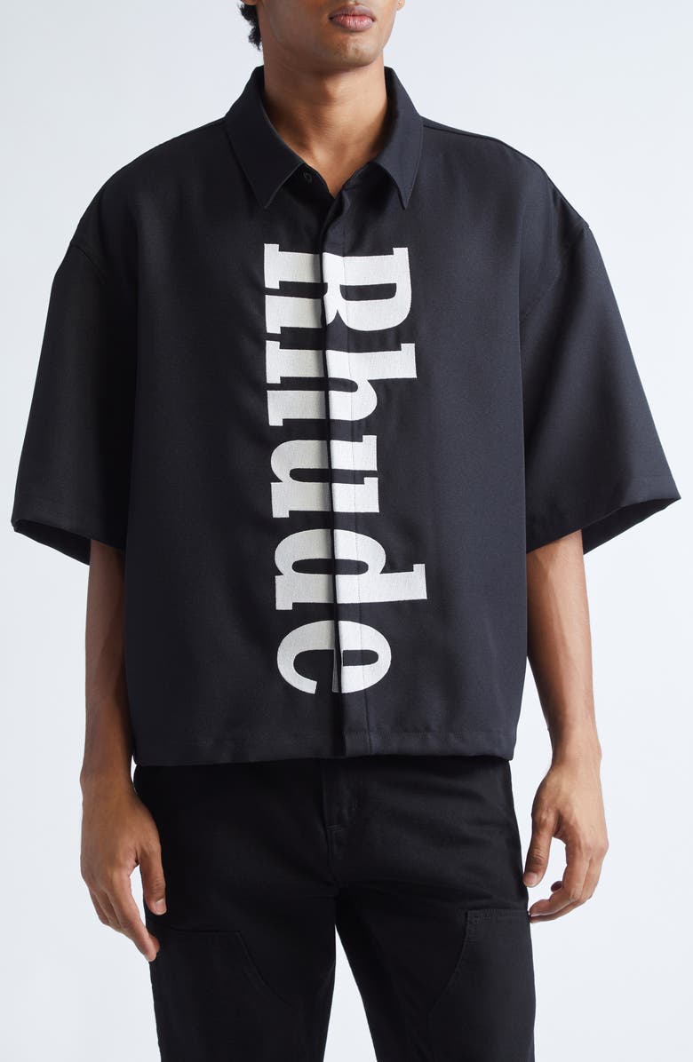Rhude Center Logo Wool Gabardine Button-Up Shirt, Main, color, Black / White 3028
