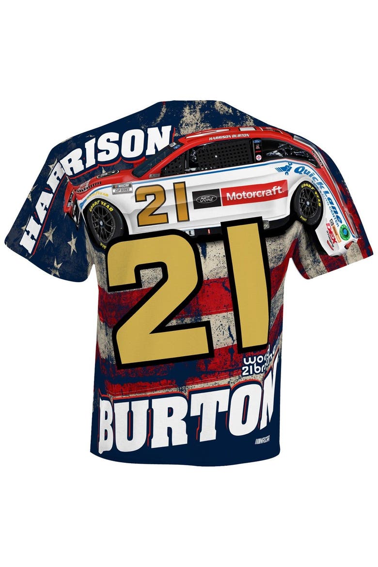 Men's Checkered Flag White Harrison Burton Motorcraft Sublimated Patriotic Total Print T-Shirt, Alternate, color, White