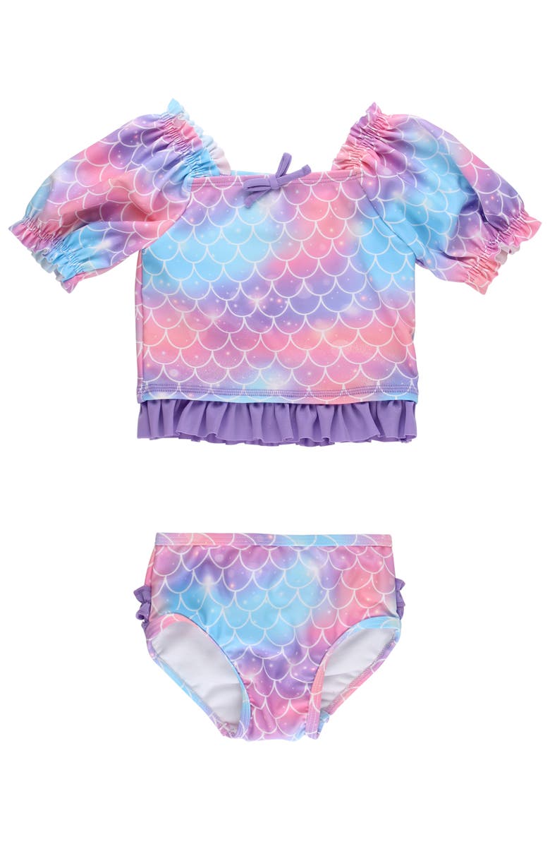 RuffleButts UPF50+ Puff Sleeve Ruffle Tankini 2-Piece Swimsuit, Main, color, Shimmer Mermaid Tale