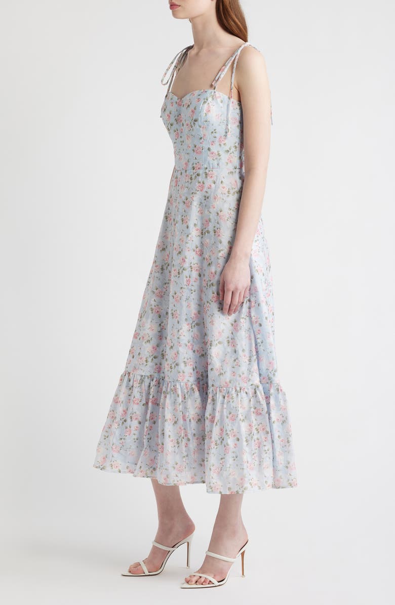 Lulus Alexia Floral Tie Strap Midi Dress, Alternate, color, Light Blue Floral