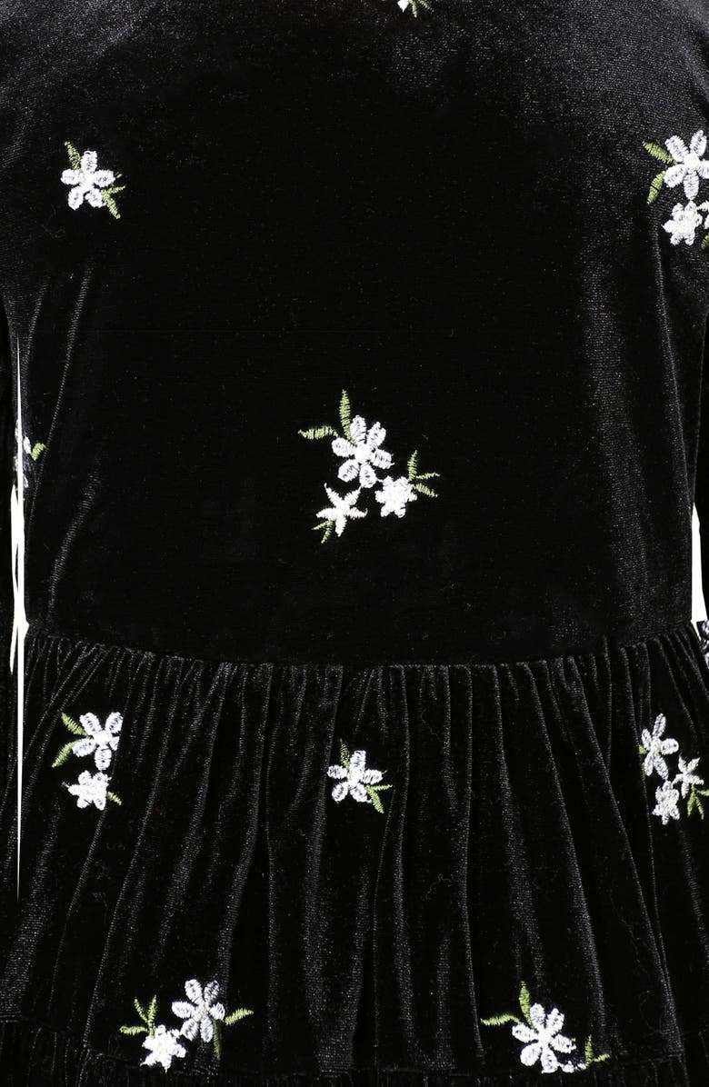Zunie Kids' Floral Embroidered Long Sleeve Velvet Dress, Alternate, color, Black