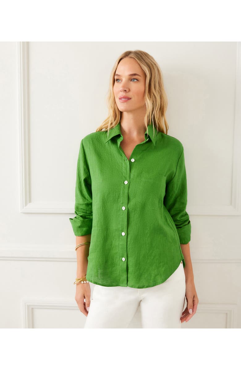 Karen Kane Ruched Sleeve Linen Button-Up Shirt, Alternate, color, Green