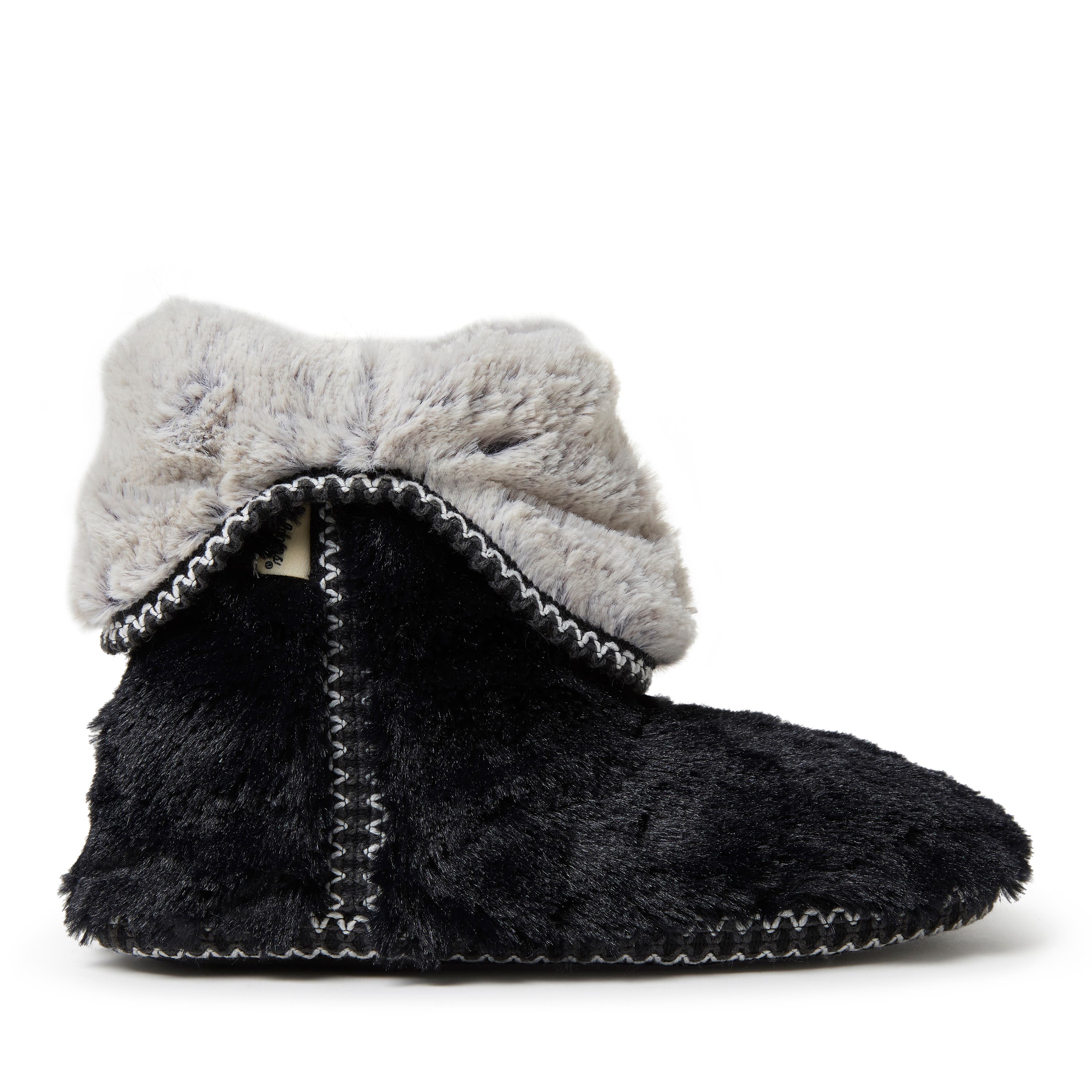 DEARFOAMS Beth Faux Fur Fold Down Fuzzy Bootie Slipper, Alternate, color, Black