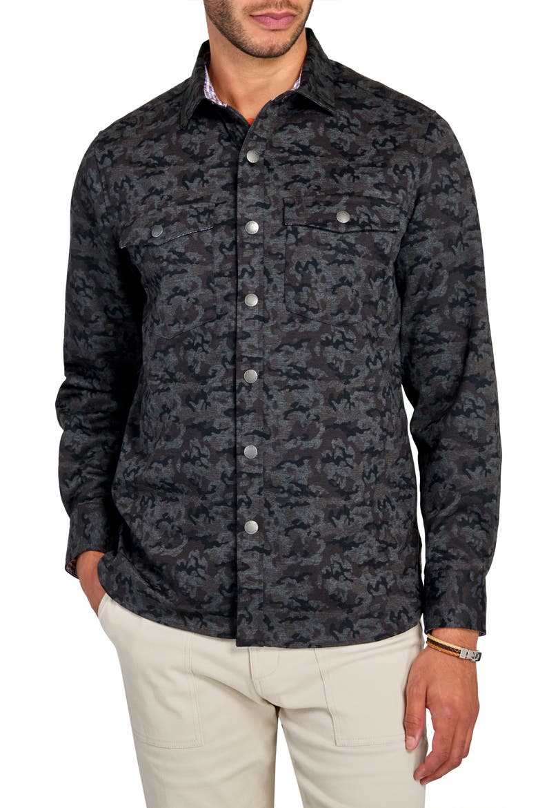 Camo Print Cotton Stretch Shirt Jacket, Main, color, CHARCOAL