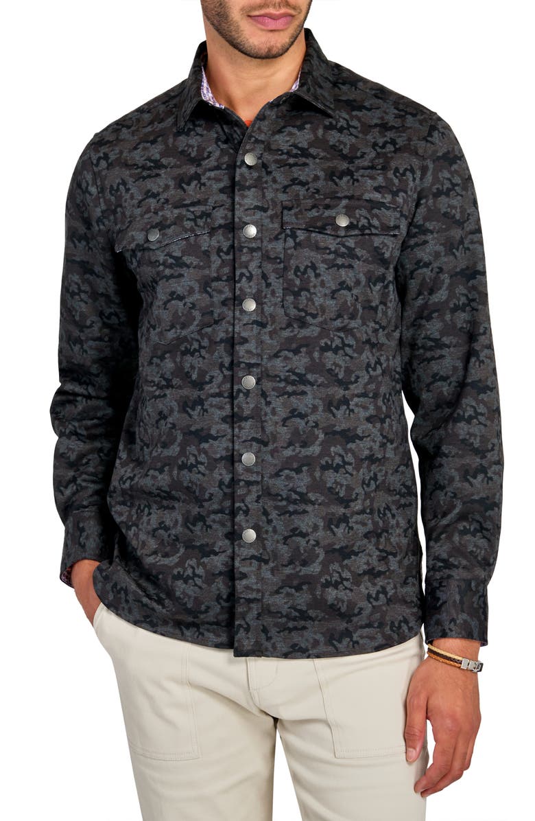 Brooklyn Brigade Camo Print Cotton Stretch Shirt Jacket, Main, color, Charcoal
