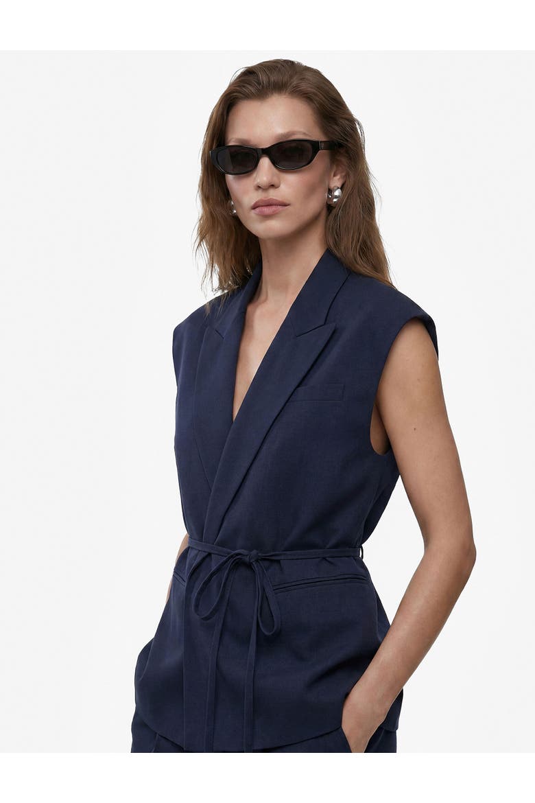 Sleeveless Striped Blazer Vests with Belted, Alternate, color, NAVY BLUE