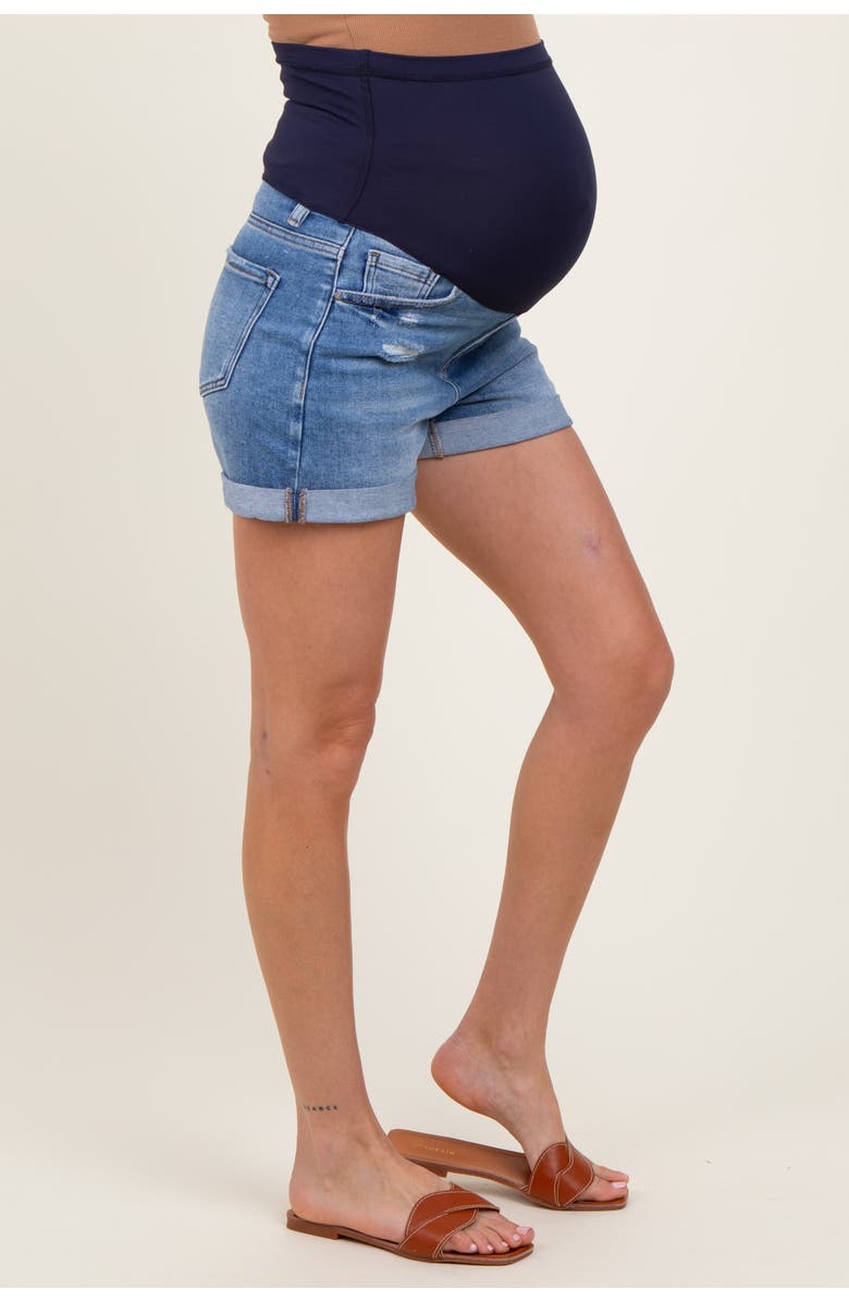 PinkBlush Distressed Rolled Cuff Maternity Jean Shorts, Alternate, color, Navy Blue