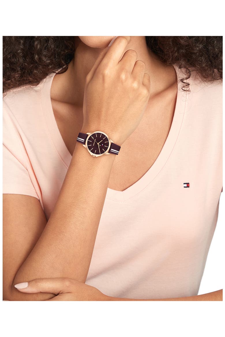Chloe Crystal Accent Silicone Strap Watch, Alternate, color, BURGUNDY