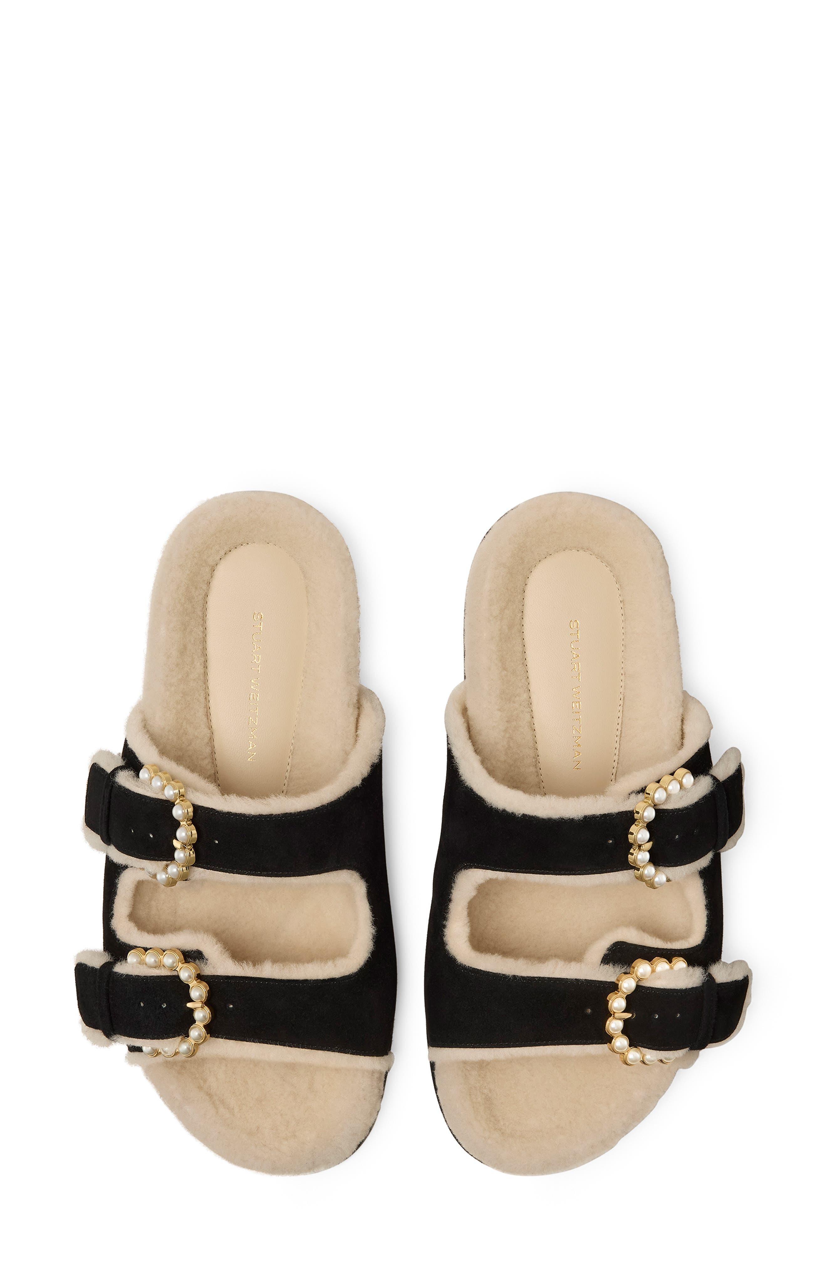 Stuart Weitzman Piper Genuine Shearling Slide Sandal, Alternate, color, Black/ Natural