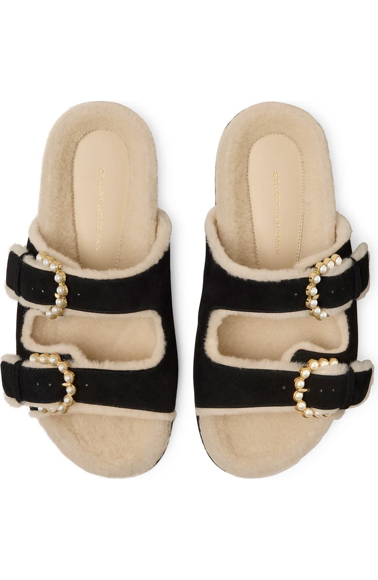 Stuart Weitzman Piper Genuine Shearling Slide Sandal, Alternate, color, Black/ Natural