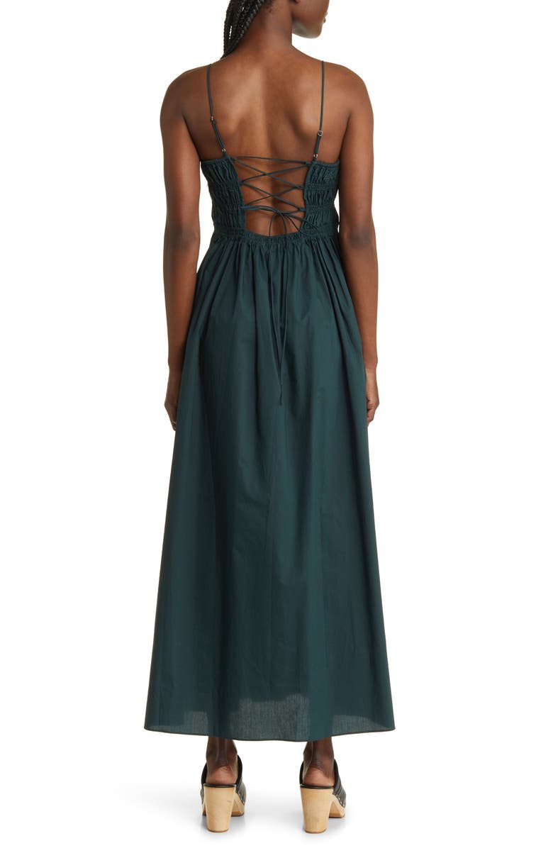 MOON RIVER Smocked Tie Back Midi Dress, Alternate, color, Dark Green