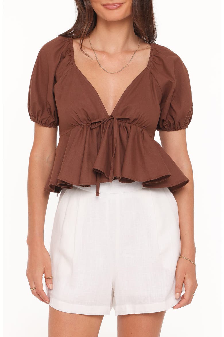 Brienne Tie Front Cotton Peplum Top, Main, color, CHOCOLATE