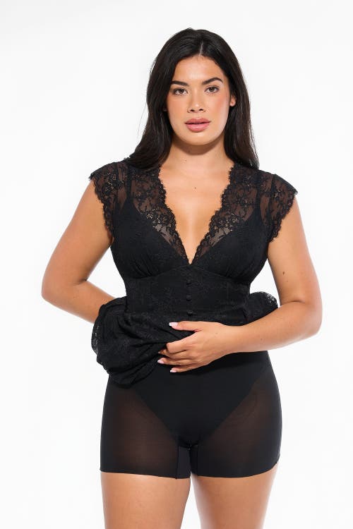Popilush Shapewear Boho Floral Lace Front Slit Maxi Dress In Black